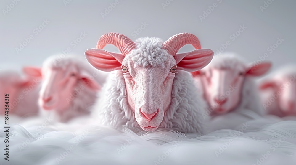 Fototapeta premium A unique pink ram among white sheep standout branding with soft textures and clear focus