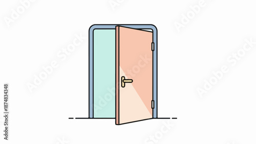 Minimalist illustration of a partially open wooden door with light blue and peach halves