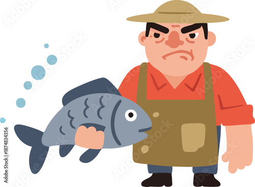 Cartoon fisherman holding a fish looking displeased