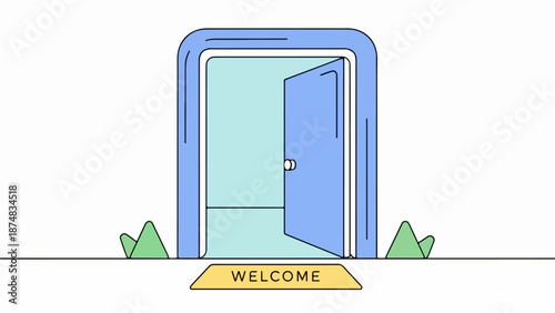 Light blue door slightly ajar with welcome mat and green plants