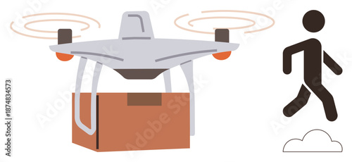 Logistics, automation, online shopping, delivery services, futuristic transport, remote delivery. quadcopter carrying a package alongside a walking person. Logistics and automation concept