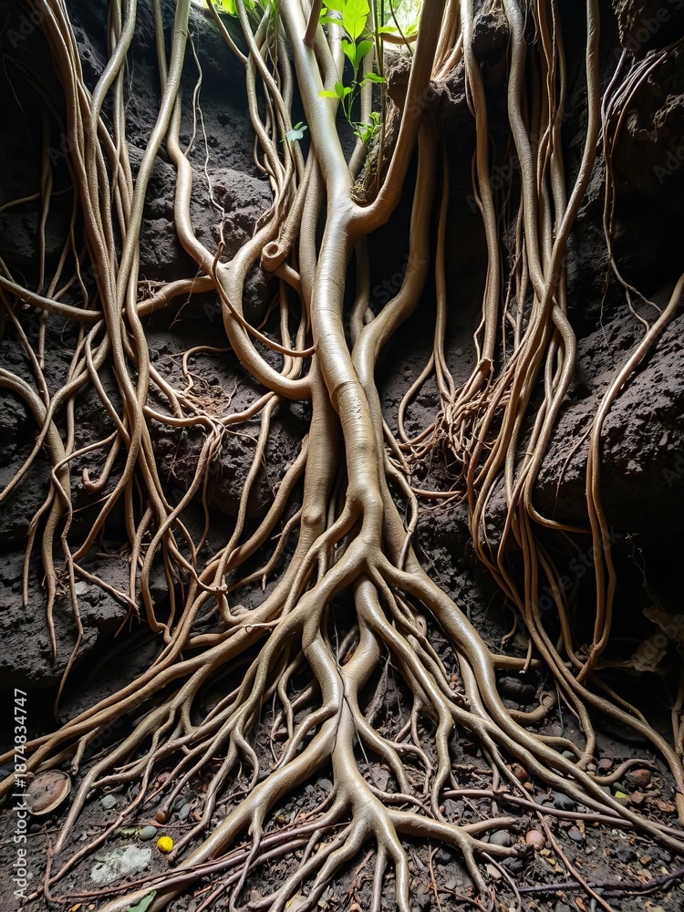 Fototapeta premium Root system spreading, intricate underground network, tree, biology