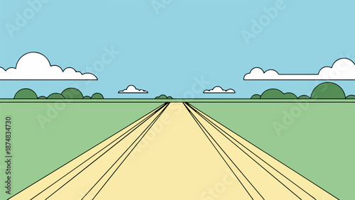 Long straight road extending toward the horizon with green grass, trees, and a blue sky with white clouds