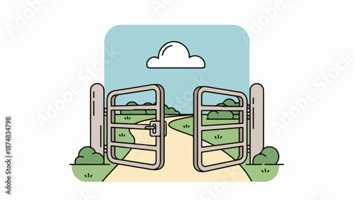 Two slightly ajar metal gates with vertical posts and a central latch framing a winding dirt path leading to rolling green hills under a clear blue sky with a single white cloud
