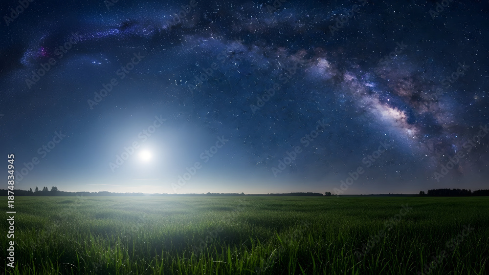 Fototapeta premium Milky Way and moon over grassy field