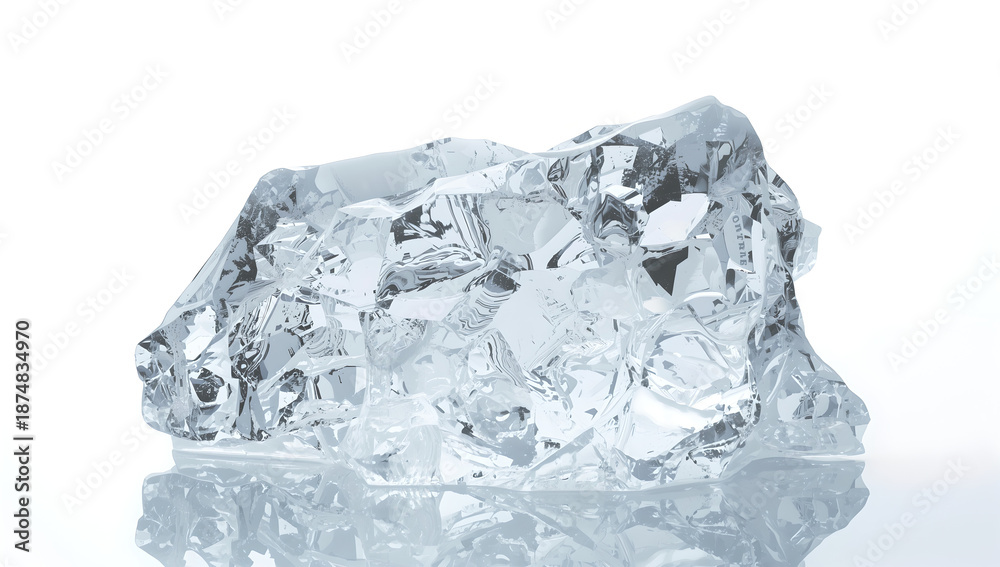 Obraz premium Clear Ice Block With Sharp Edges Reflecting Light On White Surface