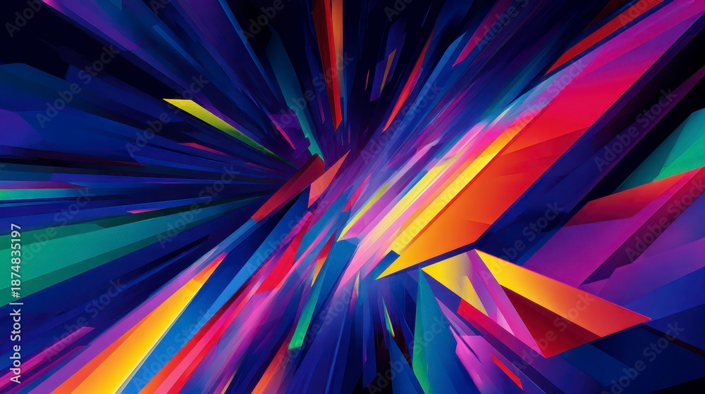 Obraz premium Vivid geometric explosion with strong depth and dynamic shapes in bright blue, purple, yellow, and red colors creating energetic and futuristic abstract background