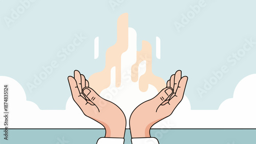 Close-up of female hands receiving a cascade of translucent liquid against a gradient background