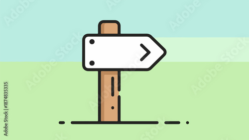 Minimalist brown directional signpost with white arrow on light blue sky and green field background
