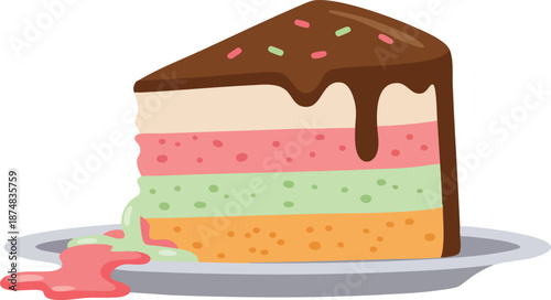 Slice of layered cake with chocolate icing on a plate