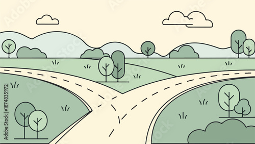 Illustration of a winding road through a countryside landscape with grassy fields, trees, and distant hills under a cloudy sky