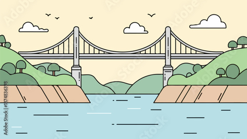 Modern suspension bridge spanning tranquil water with rolling green hills and light beige sky