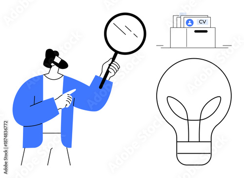 Job search concept. A person with a magnifying glass exploration, accompanied by a CV folder and light bulb for creativity. Job search, career discovery, and innovation are key. Great for employment