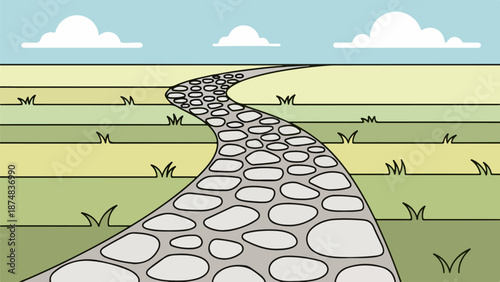 Winding cobblestone path through expansive grassy field in rural landscape