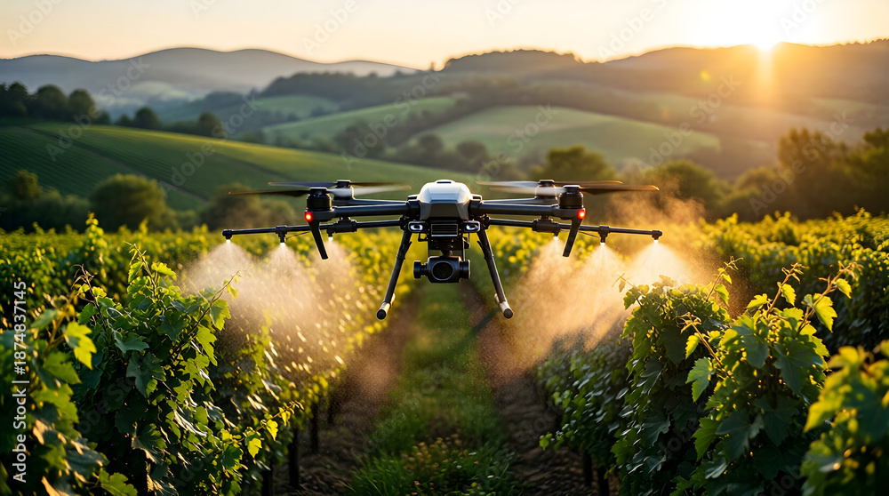 Obraz premium Agricultural drone spraying vineyard - precision agriculture and smart farming technology