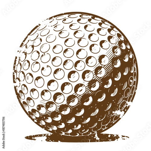 Drawing Vintage Golf ball with brown sepia tone and grunge texture on white background  sports equipment