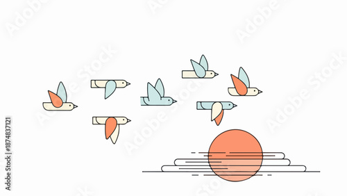Minimalist illustration of six birds in flight against a soft sky with an orange sun