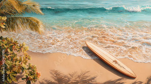 A serene beach scene with a surfboard and palm trees. The waves are gently crashing on the shore, creating a tranquil atmosphere