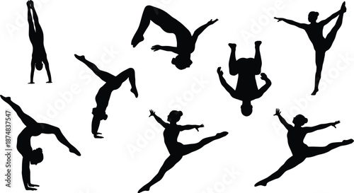 Acrobatic dance silhouettes, ballet and gymnastic poses, black vector illustration, graceful movement collection, fitness performance art, isolated white background set