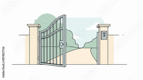 Metal gate with stone pillars and intercom in a lush green landscape