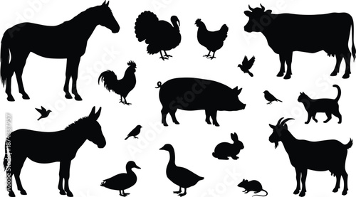 Collection of farm animal silhouettes including horse cow pig goat chicken duck and birds isolated on white background for agriculture rural design illustration