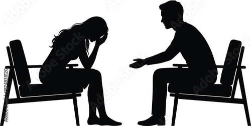 Counseling session silhouette, emotional support conversation between man and distressed woman, therapy discussion concept, mental health communication, isolated black illustration