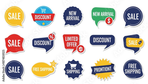 Set of 14 Sale and Discount Badges, Stickers, and Labels for Promotions and Offers