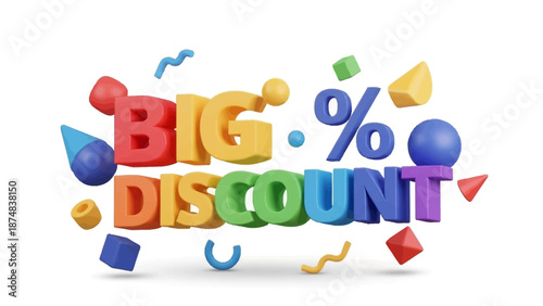 Vibrant 3D 'Big Discount' text graphic in colorful block letters with playful geometric shapes, ideal for announcing exciting retail promotions and limited-time offers