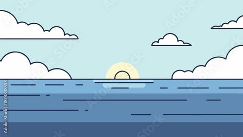 Serene seascape illustration with pastel sky, sun, and rippled sea