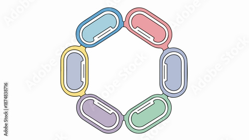 Symmetrical arrangement of seven colorful paper clips in a circular pattern