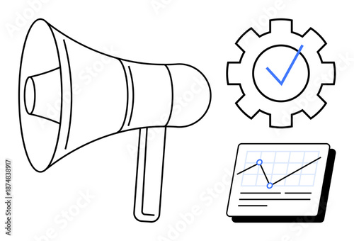 Megaphone representing messaging, gear with checkmark for process and efficiency, chart showing data trends. Ideal for marketing, project planning, teamwork, analytics, productivity, data insights
