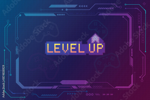 LEVEL UP.  pixel art 8 bit. Retro Futurism Sci-Fi Background. glowing neon grid. and stars from vintage arcade computer games