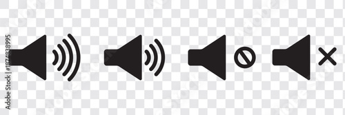 Volume Icon set. Loudspeaker Mute and unmute volume sound flat vector icons for video apps and websites. Speaker volume icon -audio voice sound symbol media music. Simple black line flat glyph