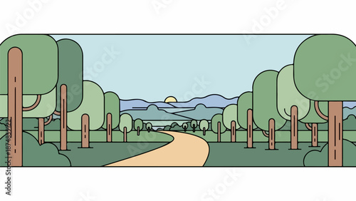 Winding dirt path through a symmetrical grove of slender brown-trunked trees with rounded canopies