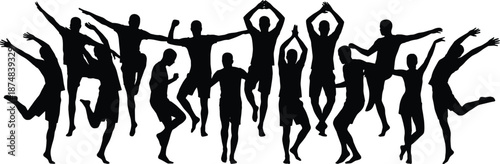 Happy people silhouette group jumping dancing celebrating joy, crowd energy teamwork freedom, black vector illustration isolated on white background design