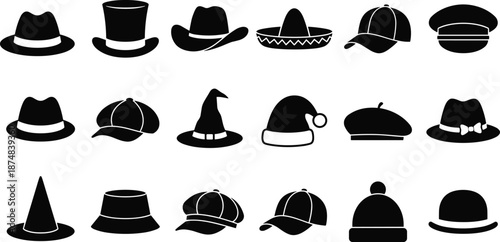 Hat silhouette collection featuring classic, modern, and costume headwear styles including fedora, cowboy, baseball, winter hats, black vector icons isolated on white background
