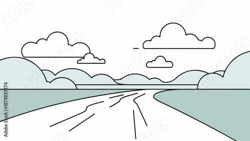 Cartoon-style landscape illustration with a winding dirt path through a grassy terrain and a light blue sky with fluffy white clouds