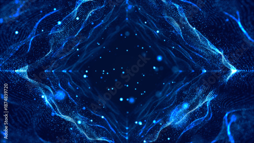 Blue Digital Tunnel with Abstract Particle Waves and Symmetrical Futuristic Digital Data Flow. Technology Abstract Background. 3d Rendaring