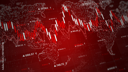 Photos Falling stock graph on a red world map background representing a global financial crash