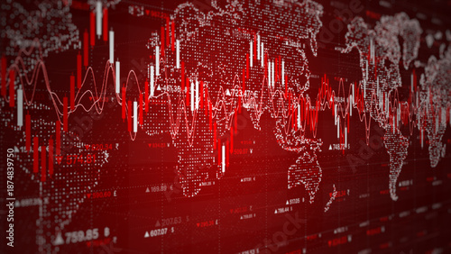 Falling stock graph on a red world map background representing a global financial crash. Ideal for crisis, economics, and trading visuals. finance investment background concept. 3d Rendaring