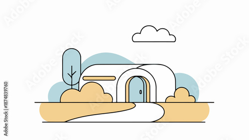 Minimalist illustration of a small dome-shaped dwelling nestled between earth-toned hills with a winding path and a slender tree