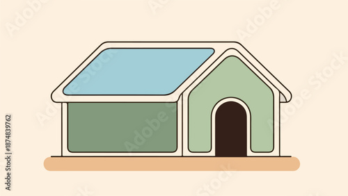 Minimalist illustration of a small house with light green exterior, darker green trim, and light blue roof on a light beige background