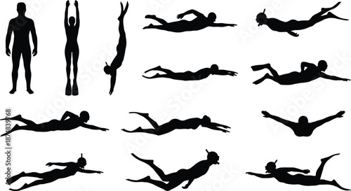 Human swimming and diving silhouettes, male swimmer poses, black vector icons, underwater motion collection, sport fitness illustration, isolated white background