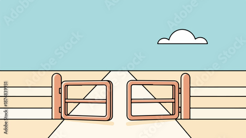 Minimalist wooden gate slightly ajar in a serene landscape with a light beige ground and soft light blue sky