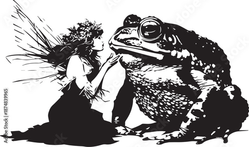 Enchanting Encounter: A fairy delicately touches a giant frog, creating a magical moment.
