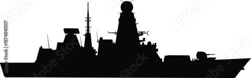 Modern naval warship silhouette isolated on white background, military destroyer profile, maritime defense vessel illustration, high contrast black shape design
