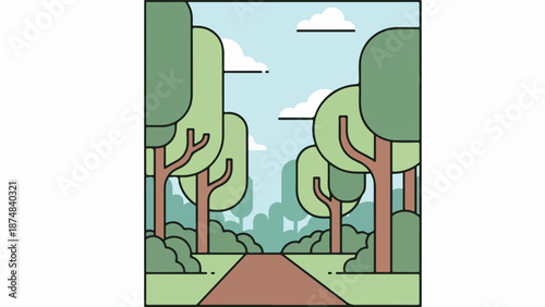 Detailed forest illustration with a dirt path and towering trees