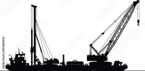 Offshore construction barge silhouette, heavy crane vessel with piling equipment for marine engineering projects, industrial maritime operations vector illustration background