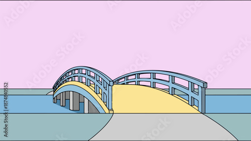 Stylized blue bridge with intricate lattice design spanning tranquil water
