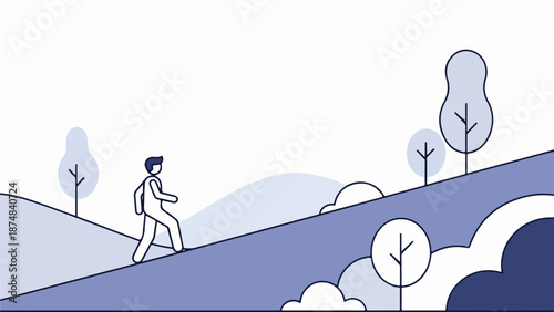 Young man walking alone on a winding path through a serene landscape with tall trees and rolling hills